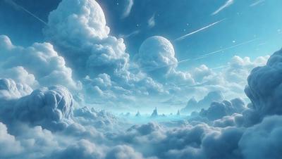 The primary subject of the image is a group of three planets floating in a blue, cloudy sky. The setting is a space environment, with the planets positioned in the background. The visual style is digital art, as the planets are depicted in a detailed and realistic manner. The colors and mood of the image are predominantly blue, creating a serene and peaceful atmosphere.