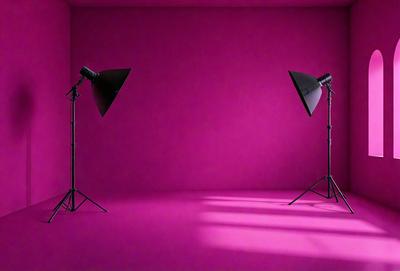 The primary subject of the image is a pair of large, bright studio lights, which are placed on stands and are turned on. The lights are illuminating a pink wall, creating a warm and inviting atmosphere. The setting is a studio or a photography studio, where the lights are used to capture images. The visual style is a combination of photography and digital art, as the lights are turned on and the pink wall is illuminated. The colors and mood of the image are predominantly pink, which gives the scene a soft and calming feel.