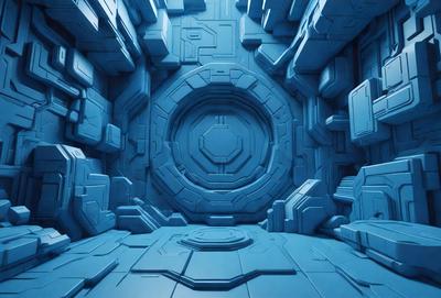The primary subject of the image is a large, blue, circular structure with a central hole. The setting is a futuristic, blue-toned environment, possibly a space station or a futuristic city. The visual style is a combination of digital art and illustration, creating a unique and intriguing atmosphere. The dominant colors are blue and white, with the blue tones giving the scene a futuristic and otherworldly feel.