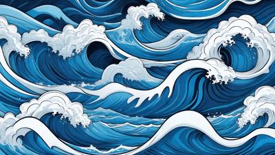The primary subject of the image is a large wave in the ocean. The wave is depicted in a painting or drawing style, with a blue color scheme. The setting is the ocean, and the visual style is artistic, showcasing the power and beauty of the wave. The overall atmosphere is serene and captivating, as the viewer is drawn into the dynamic and captivating scene.