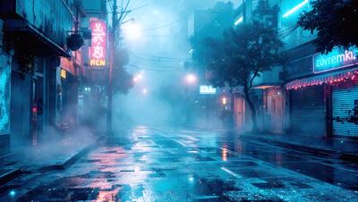 The primary subject of the image is a city street at night, with a wet road reflecting the lights of the surrounding buildings. The setting is a city street with a few buildings in the background. The visual style is a photo of a city street at night. The colors and mood of the image are predominantly blue, with the wet road reflecting the lights and creating a moody atmosphere.