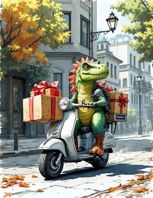 Primary subject: A cartoon dinosaur riding a motor scooter with a sidecar.

Setting/background: The dinosaur is riding down a street with buildings in the background.

Visual style: The image is a digital art illustration.

Colors and mood: The colors are predominantly green and brown, giving the scene a warm and lively atmosphere.