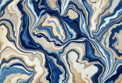 The primary subject of the image is a blue and white patterned surface, which appears to be a painting or a digital artwork. The setting is a blue and white marbled surface, which serves as the background. The visual style is a combination of painting and digital art, creating a unique and intricate design. The colors and mood of the image are predominantly blue and white, giving it a calm and serene atmosphere.