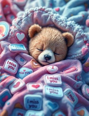 The primary subject of the image is a small teddy bear. The setting is a bed, with a pink blanket and a heart-shaped pillow. The visual style is a close-up of the teddy bear, and the colors and mood are warm and cozy.