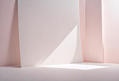 The primary subject of the image is a white piece of paper. The setting is a pink background, which creates a contrast with the white paper. The visual style is a photo, capturing the paper in its natural environment. The colors and mood of the image are predominantly white and pink, giving it a clean and elegant appearance.