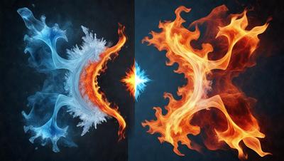 The primary subject of the image is a fire, which is depicted in two different ways. The first fire is shown as a bright, yellow flame, while the second fire is represented by a blue flame. The setting is a dark background, which contrasts with the brightness of the flames. The visual style of the image is a combination of photo and digital art, creating a unique and eye-catching representation of the fire. The dominant colors are yellow and blue, which evoke a sense of warmth and coolness, respectively.