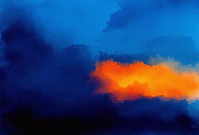 The primary subject of the image is a cloudy sky with a sunset in the background. The setting is a blue sky with clouds, and the visual style is a painting or drawing. The colors and mood of the image are predominantly blue and orange, creating a serene and peaceful atmosphere.