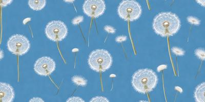 The primary subject of the image is a group of dandelions, which are scattered across a blue background. The setting appears to be a sky, with the dandelions floating in the air. The visual style of the image is a combination of a photo and a pattern, creating a unique and artistic representation of the dandelions. The colors in the image are predominantly blue, which adds to the overall mood and atmosphere of the scene.