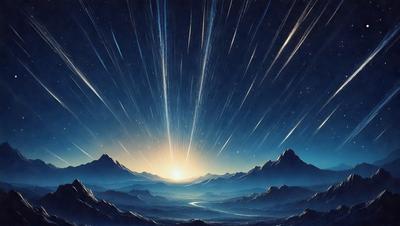 The primary subject of the image is a beautiful sunset with a stunning view of the mountains. The sun is setting behind the mountains, creating a warm and serene atmosphere. The setting is a vast, open space with a sky full of stars, adding to the sense of depth and grandeur. The visual style of the image is a combination of digital art and illustration, creating a captivating and realistic representation of the scene. The colors and mood of the image are predominantly warm and calming, with the sunset and the starry sky evoking feelings of tranquility and awe.