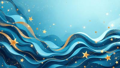 The primary subject of the image is a blue ocean with a starry night sky. The setting is a vast, open space with a clear night sky, and the visual style is a combination of digital art and illustration. The colors and mood of the image are serene and calming, with the blue ocean and starry night sky creating a peaceful atmosphere.
