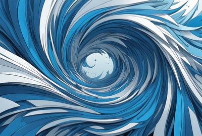 The primary subject of the image is a large, swirling blue wave. The setting is a vast, open ocean, and the visual style is a combination of digital art and illustration. The dominant colors are blue and white, creating a sense of depth and motion in the scene. The overall atmosphere is dynamic and captivating, showcasing the beauty and power of the ocean.