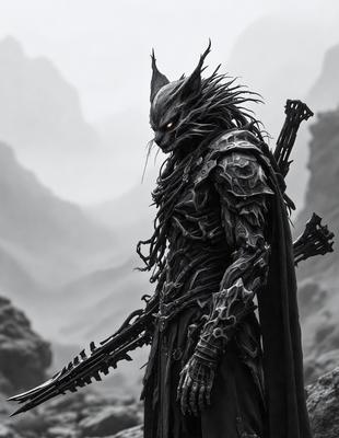 The primary subject of the image is a character dressed in a medieval-style armor, holding a sword. The setting is a mountainous landscape, with a dark and moody atmosphere. The visual style is a combination of digital art and illustration, creating a detailed and intricate scene. The colors are predominantly dark, with some grays and blacks, adding to the overall mood of the image.