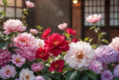 The primary subject of the image is a beautiful garden filled with a variety of flowers. The setting is a garden with a backdrop of a building. The visual style is a photo of the garden, showcasing the vibrant colors and the overall atmosphere of the scene. The garden is filled with different types of flowers, creating a lively and colorful display.