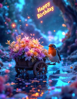 The primary subject of the image is a small bird sitting on a wooden cart or wagon filled with flowers. The setting is a water-based environment, possibly a pond or a river, with a blue color tone. The visual style appears to be a digital art or illustration, creating a whimsical and charming atmosphere. The dominant colors are blue and purple, with the flowers adding a touch of pink.