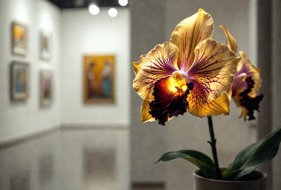 The primary subject of the image is a large, beautifully colored flower, which is the main focus of the scene. The flower is placed in a vase, and it is situated in a room with a white wall. The visual style of the image is a photo, capturing the vibrant colors and details of the flower. The dominant colors in the image are yellow and purple, creating a warm and inviting atmosphere.