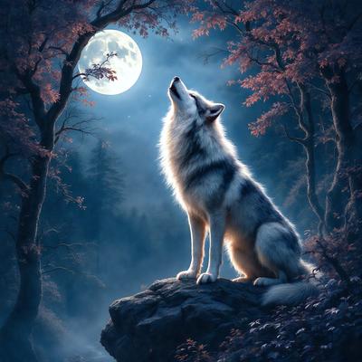 The primary subject of the image is a wolf standing on a rock, looking up at the moon. The setting is a forest with trees in the background. The visual style is a digital art illustration, creating a moody and atmospheric scene. The dominant colors are shades of blue, gray, and white, with the wolf's fur being a mix of these colors.