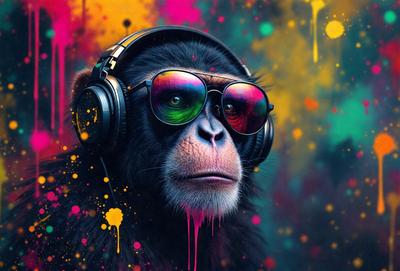 The primary subject of the image is a monkey wearing sunglasses and headphones. The monkey is the main focus of the image, and it appears to be enjoying its time with the headphones on. The setting is a colorful background, which adds to the overall atmosphere of the image. The visual style is a combination of photo and digital art, creating a unique and eye-catching image. The colors and mood of the image are vibrant and lively, with the monkey being the center of attention.