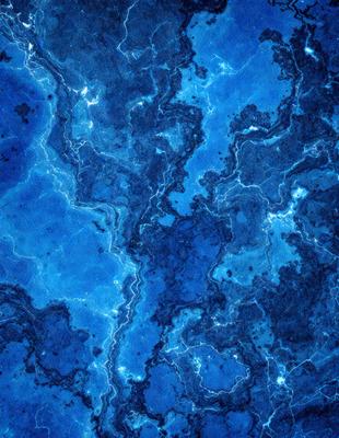 The primary subject of the image is a blue and white marble-like pattern. The setting is a blue background, which creates a striking contrast with the pattern. The visual style is a combination of a photo and digital art, giving the image a unique and artistic appearance. The dominant colors are blue and white, creating a calm and serene atmosphere.