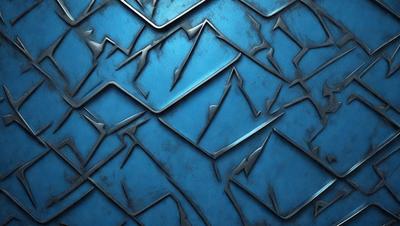 The primary subject of the image is a blue metal surface with a pattern of triangles. The setting is a close-up of the blue metal surface, which appears to be a metal wall or a metal floor. The visual style is a combination of a photo and digital art, as the image is a close-up of a metal surface with a pattern of triangles. The colors and mood of the image are predominantly blue, giving it a cool and modern atmosphere.