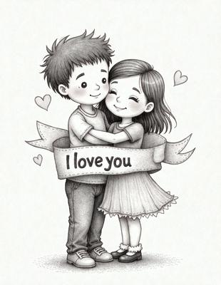 The image features a man and a woman standing close to each other, with the man holding the woman in his arms. They are both smiling, and the woman is wearing a dress. The scene is set in a heart-shaped frame, which adds a romantic touch to the image. The visual style is a combination of digital art and illustration, creating a charming and loving atmosphere.