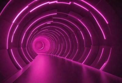 The primary subject of the image is a tunnel with a pink lighting effect. The tunnel appears to be made of metal, and the lighting creates a unique atmosphere. The setting is a dark, enclosed space, and the visual style is a combination of a photo and digital art. The dominant colors are pink and purple, creating a warm and inviting mood.