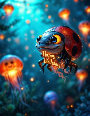 The primary subject of the image is a happy birthday card featuring a ladybug. The card is placed in a forest setting, surrounded by a variety of colorful jewels. The visual style of the image is a combination of digital art and illustration, creating a whimsical and playful atmosphere. The dominant colors in the image are shades of green, blue, and red, which are associated with the ladybug and the jewels.