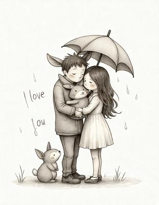The primary subject of the image is a man and a woman standing close to each other, with the woman holding a teddy bear. They are both wearing dresses, and the man is wearing a jacket. The setting appears to be a rainy day, as evidenced by the rain falling around them. The visual style of the image is a hand-drawn illustration, giving it a unique and artistic appearance. The colors and mood of the image are predominantly dark and moody, with the rain and the clothing adding to the overall atmosphere.