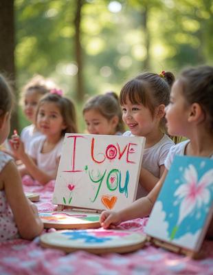 The primary subject of the image is a young girl holding a sign that reads "I love you." The setting is an outdoor picnic area, with a dining table visible in the background. The visual style appears to be a combination of photo and digital art, as the girl is holding a sign that has been digitally created. The colors and mood of the image are warm and positive, with the girl's smile and the sign's message conveying a sense of love and affection.