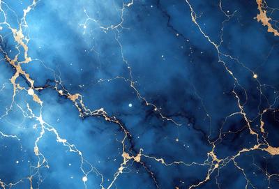 The primary subject of the image is a blue and gold swirling pattern, which appears to be a painting or a digital artwork. The setting is a dark blue background, and the visual style is a combination of digital art and painting. The colors and mood of the image are predominantly dark blue and gold, creating a sense of depth and intrigue.