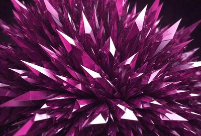 The primary subject of the image is a large, purple, three-dimensional structure that resembles a crystal or a cluster of purple diamonds. The setting is a dark background, which contrasts with the vibrant purple color of the structure. The visual style appears to be a combination of digital art and illustration, creating a unique and eye-catching design. The colors and mood of the image are predominantly purple, giving it a luxurious and elegant appearance.