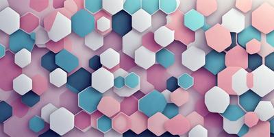 The primary subject of the image is a pattern of hexagons, which are arranged in a visually appealing manner. The setting is a white background, which provides a clean and minimalist look. The visual style is a combination of digital art and illustration, creating a unique and eye-catching design. The dominant colors in the image are pink, blue, and white, which contribute to a warm and inviting atmosphere.