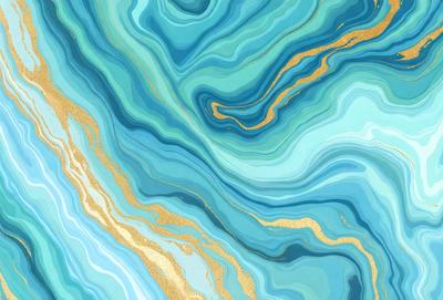 The primary subject of the image is a blue and gold swirling pattern, which appears to be a painting or a digital artwork. The setting is a blue and gold ocean, creating a serene and calming atmosphere. The visual style is a combination of painting and digital art, giving the image a unique and artistic appearance. The dominant colors are blue and gold, which contribute to the overall mood of the image, evoking a sense of tranquility and beauty.