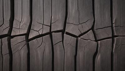 The primary subject of the image is a wooden plank with visible cracks and splits. The setting is a dark room, and the visual style appears to be a close-up of the wooden plank. The colors and mood of the image are dark and moody, with the wooden plank being the main focus.