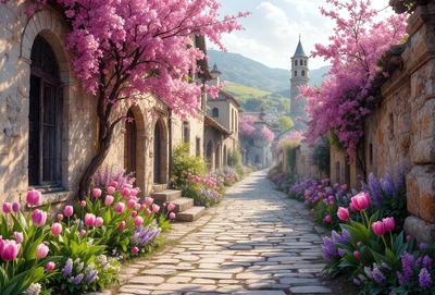 Primary subject: A narrow, cobblestone street lined with pink flowers and trees.

Setting/background: The street is located in a small village, surrounded by buildings and mountains in the distance.

Visual style: The image is a digital art illustration.

Colors and mood: The dominant colors are pink and purple, creating a serene and romantic atmosphere.