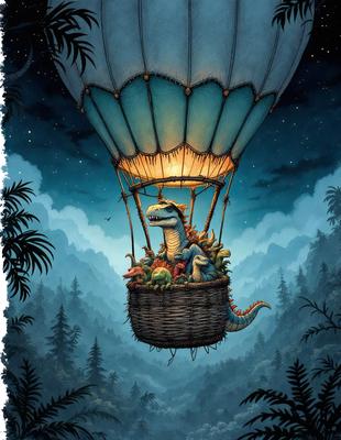 The primary subject of the image is a cartoon dinosaur, specifically a T-Rex, sitting in a basket. The setting is a forest, with trees surrounding the basket. The visual style is a digital art or illustration, creating a whimsical and imaginative scene. The colors are predominantly dark, with the T-Rex being the main focus, and the forest providing a contrasting backdrop. The overall atmosphere is playful and lighthearted.