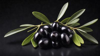 The primary subject of the image is a bunch of black olives. They are placed on a black surface, which could be a table or a counter. The olives are surrounded by green leaves, which add a touch of color to the scene. The visual style of the image is a close-up of the olives, showcasing their details and texture. The overall atmosphere of the image is simple and straightforward, focusing on the olives and their natural surroundings.