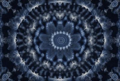 The primary subject of the image is a blue and white flower, which is the main object, scene, or focus of the image. The setting is a blue background, which adds to the overall atmosphere. The visual style is a digital art or illustration, as the flower is depicted in a pattern or texture. The dominant colors are blue and white, creating a calm and serene mood.