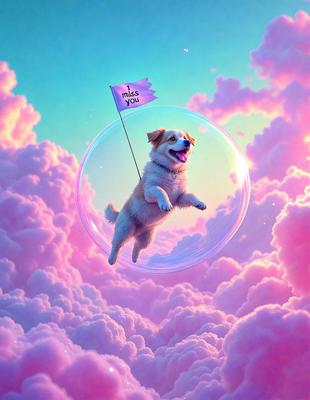 The primary subject of the image is a dog, which is the main focus of the scene. The dog is sitting inside a large, pink, bubble-like object, which serves as the setting or background of the image. The visual style of the image is digital art, as it is a well-crafted and detailed illustration. The dominant colors in the image are pink and purple, creating a warm and cheerful atmosphere.