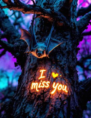 The primary subject of the image is a bat hanging from a tree. The setting is a dark, purple-lit forest, creating a mysterious and eerie atmosphere. The visual style is a combination of a photo and digital art, with the bat's outline being drawn on the photo. The colors and mood are predominantly dark and moody, with the purple lighting adding to the overall ambiance.
