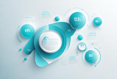 The primary subject of the image is a white plate with a blue border. The plate is placed in the center of the image, surrounded by various other elements. The setting appears to be a white background, which creates a clean and minimalist look. The visual style is a combination of digital art and illustration, as the plate and other elements are depicted in a stylized manner. The colors and mood of the image are predominantly blue and white, giving it a calm and serene atmosphere.