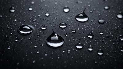 The primary subject of the image is a close-up of raindrops on a black surface. The setting is a dark background, and the visual style is a photo. The raindrops are the dominant colors, and the overall atmosphere is moody and atmospheric.