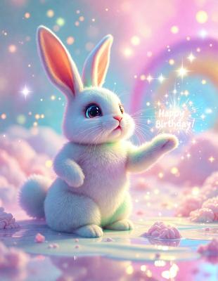 The primary subject of the image is a cute, colorful bunny rabbit. The bunny is standing on a pink surface, which is likely a cloud, as it appears to be floating in the air. The visual style of the image is digital art, as it is a well-rendered and detailed illustration. The colors and mood of the image are bright, cheerful, and whimsical, with the pink surface and the bunny's white and blue fur creating a warm and inviting atmosphere.