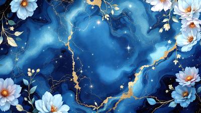 The primary subject of the image is a blue and gold painting featuring a heart-shaped design. The setting is a blue and gold background, which adds to the overall visual style. The painting appears to be a digital art or illustration, showcasing a unique and intricate design. The colors and mood of the painting are vibrant and lively, with the blue and gold colors creating a sense of warmth and elegance.