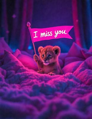 The image features a small lion cub sitting on a bed, holding a flag. The bed is covered with a soft, pink blanket, and the lion cub appears to be the primary subject of the scene. The visual style of the image is a combination of photo and digital art, creating a unique and eye-catching scene. The colors and mood of the image are predominantly pink, giving it a warm and cozy atmosphere.