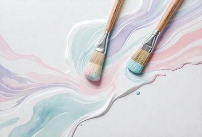 The primary subject of the image is a pair of paintbrushes, which are placed on a white surface. The setting is a white table, and the visual style is a close-up of the paintbrushes. The colors and mood of the image are predominantly white, creating a clean and minimalist atmosphere.