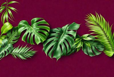 The image features a row of green leaves, possibly from a palm tree, arranged in a visually appealing manner. The leaves are placed on a purple background, creating a striking contrast between the greenery and the color of the surface. The leaves are the primary subject of the image, and their arrangement and color combination contribute to a lively and vibrant visual style.