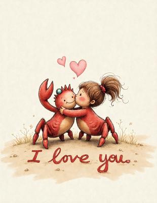 The primary subject of the image is a cute cartoon of a crab and a lobster hugging each other. The setting is a grassy field, and the visual style is a hand-drawn illustration. The colors are predominantly red and pink, creating a warm and affectionate atmosphere.