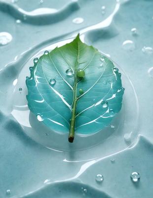 The primary subject of the image is a leaf, which is placed on a blue surface. The leaf appears to be wet, possibly due to rain or water. The setting is a table, and the visual style is a close-up of the leaf. The colors in the image are predominantly blue, and the overall atmosphere is calm and serene.