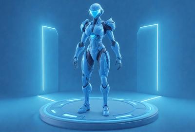 The primary subject of the image is a robotic character, likely a female cyborg, standing in a futuristic setting. The robot is wearing a silver suit and appears to be posed for a picture. The setting includes a blue background and a circular surface, which adds to the futuristic atmosphere. The visual style of the image is digital art, as it is a well-crafted and detailed representation of the robotic character. The colors and mood of the image are predominantly blue, which is often associated with technology and futuristic themes.