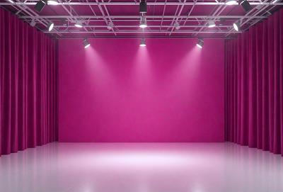 The primary subject of the image is a large, empty room with a pink wall. The setting is a stage or a room with a pink background. The visual style is a photo, and the colors and mood are predominantly pink, creating a warm and inviting atmosphere.
